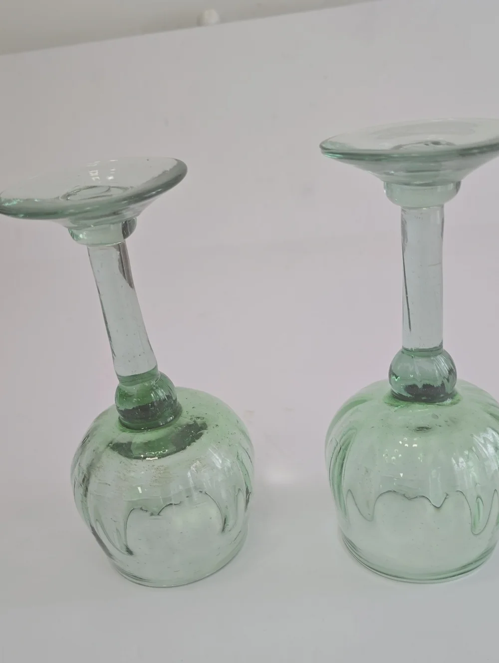 Vintage Set Of 2 Handblown Mexican Green Wine Glasses Recycled Art Glass Bubbles